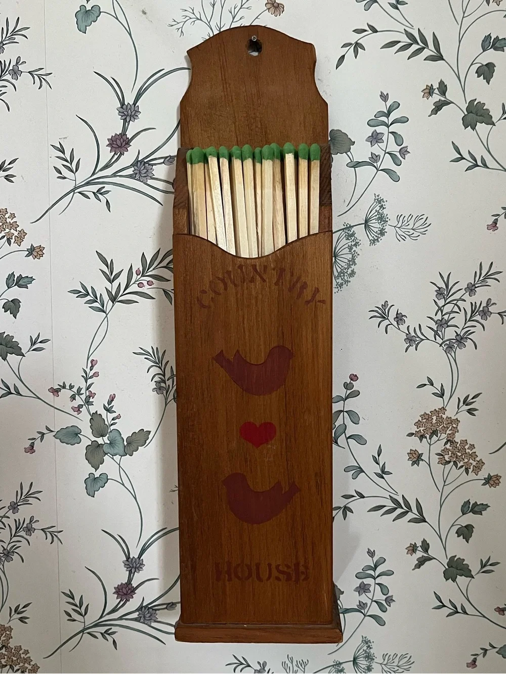Vintage Brown Wooden Matchstick Holder with Green Match Tips